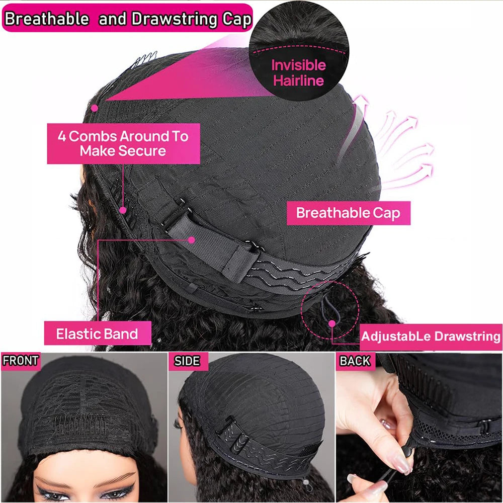 3 IN 1 Half Wigs Human Hair Deep Curly Real Glueless Wigs Human Hair Half Wig With Drawstring 250 Density Curly Half Wigs