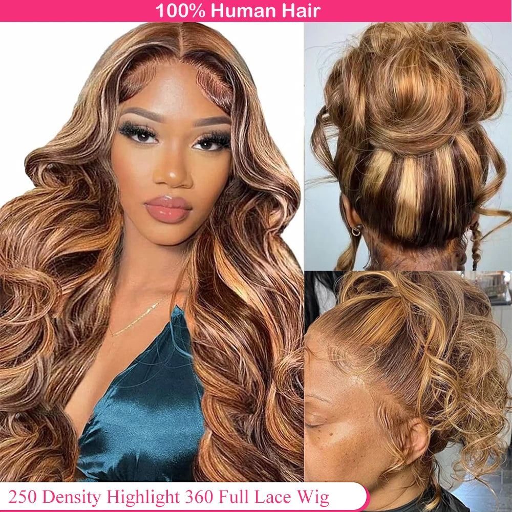 250 Density Highlight 360 Lace Front Wig Human Hair P4/27 38 Inches HD 13X4 Lace Front Wig Body Wave Highlight Wig Human Hair