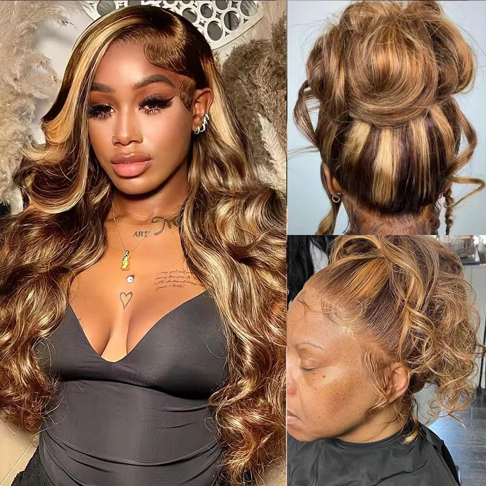 250 Density Highlight 360 Lace Front Wig Human Hair P4/27 38 Inches HD 13X4 Lace Front Wig Body Wave Highlight Wig Human Hair