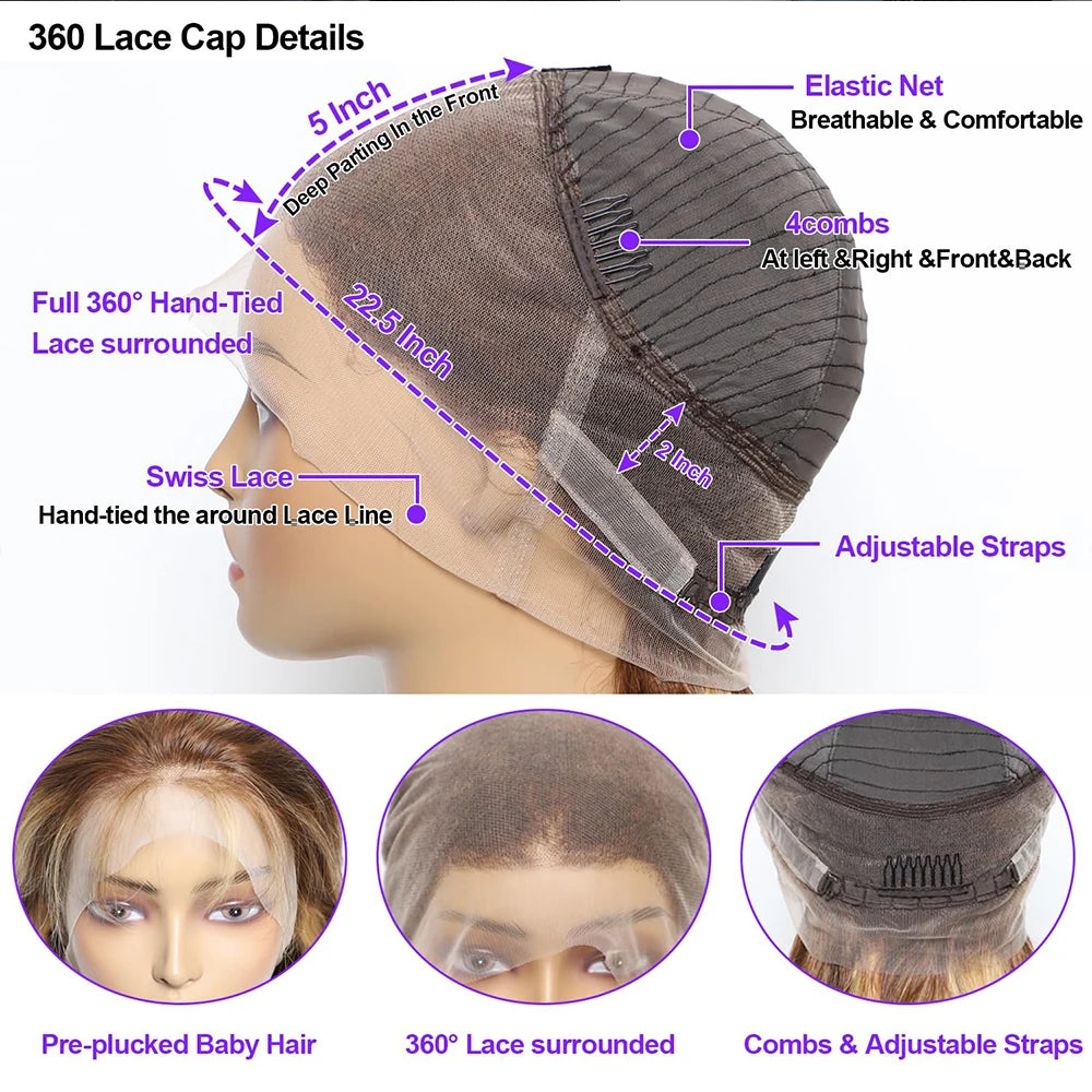 Highlight 360 Full Lace Wig Human Hair Pre plucked P4/27 38 Inches HD 360 13X4 Lace Front Wig Body Wave Highlight Wig Human Hair