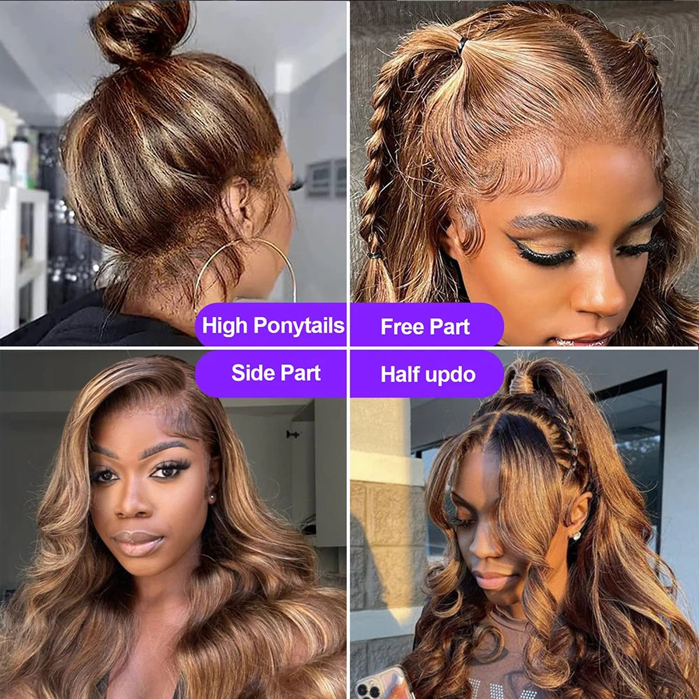 Highlight 360 Full Lace Wig Human Hair Pre plucked P4/27 38 Inches HD 360 13X4 Lace Front Wig Body Wave Highlight Wig Human Hair