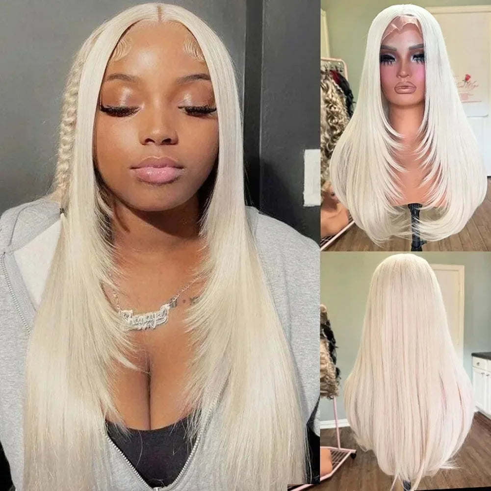 Burgundy Red Bone Straight Layered Cut Lace Front Wig 13x4 HD Lace Frontal Wig Synthetic Glueless Preplucked Ready To Wear