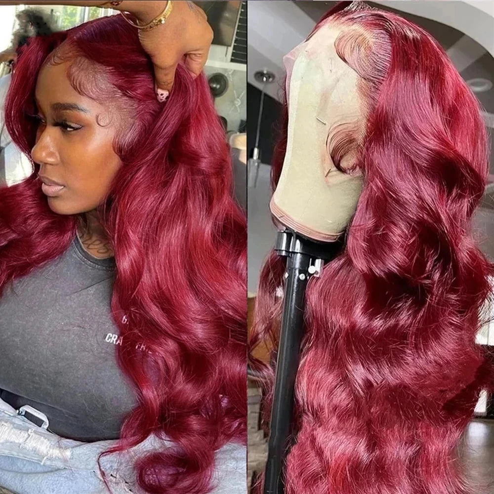 99J Invisible Strap 360 Full Lace Glueless Wigs Human Hair With Drawstring Pre Cut Body Wave Burgundy HD 360 Lace Frontal Wig