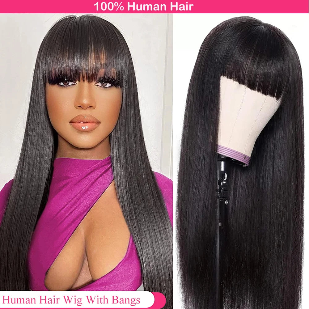 Human Hair Wigs with Bangs 36 Inches Full Machine Made Hair Wig Bone Straight 250 Density Glueless Wig Human Hair Non Lace Wig