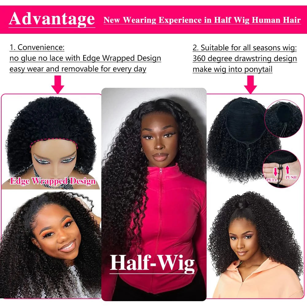 3 IN 1 Half Wigs Human Hair Deep Curly Real Glueless Wigs Human Hair Half Wig With Drawstring 250 Density Curly Half Wigs