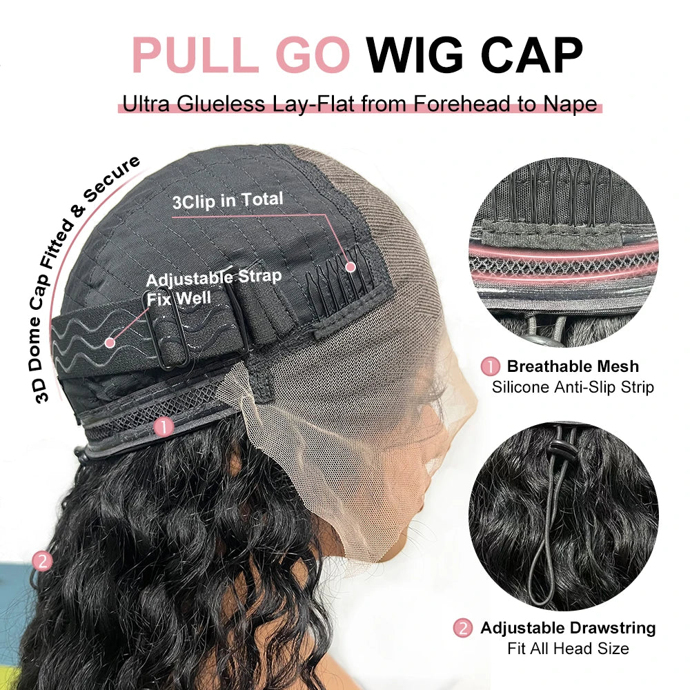 Deep Curly Pull Go 13x6 Lace Wigs with Elastic Drawstring 13x6 HD Lace Frontal Wig Pre Everyting Real Glueless Wig Human Hair