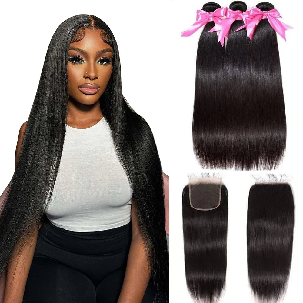 Straight Human Hair Bundles With Closure Brazilian Raw Hair Bundles With HD Lace Closure Transparent Lace Frontal with Bundles