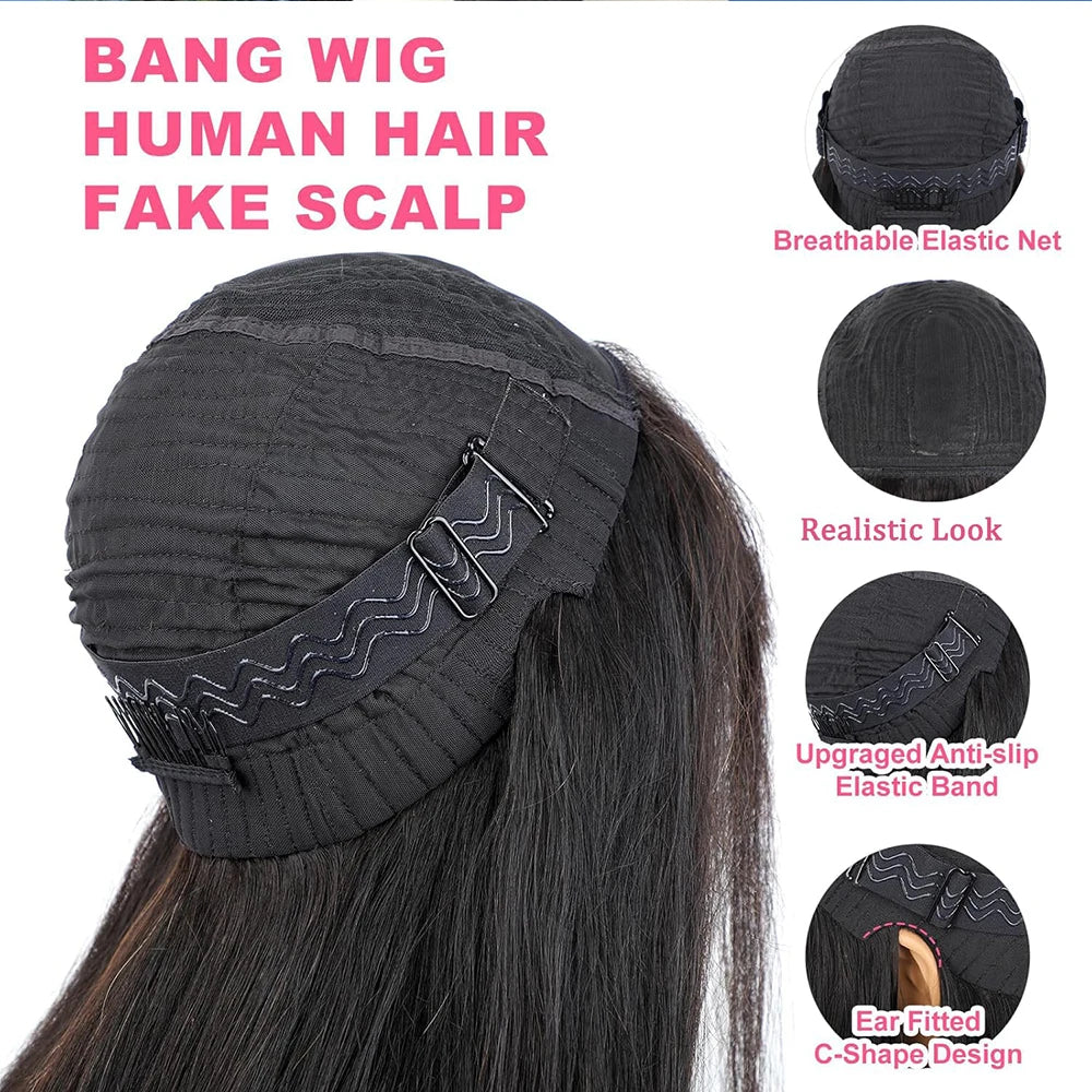 Human Hair Wigs with Bangs 36 Inches Full Machine Made Hair Wig Bone Straight 250 Density Glueless Wig Human Hair Non Lace Wig