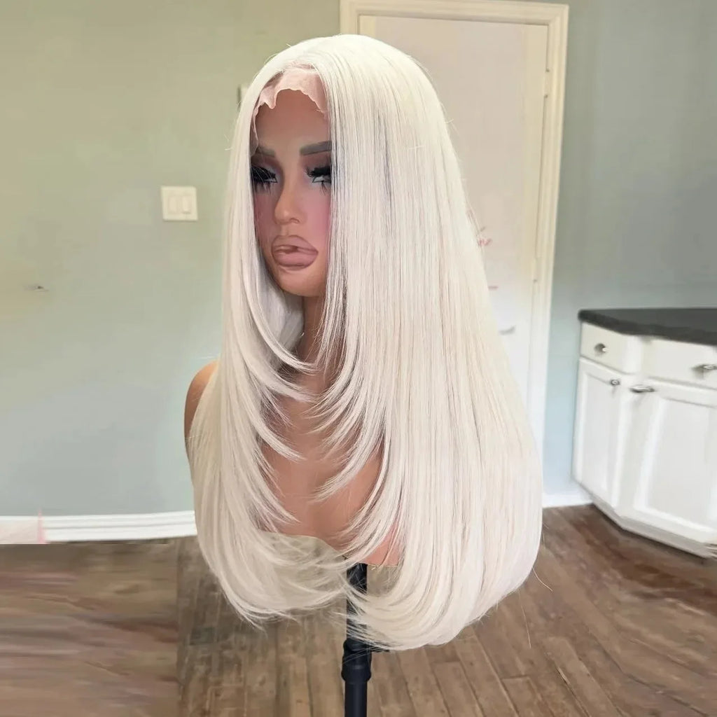 Burgundy Red Bone Straight Layered Cut Lace Front Wig 13x4 HD Lace Frontal Wig Synthetic Glueless Preplucked Ready To Wear