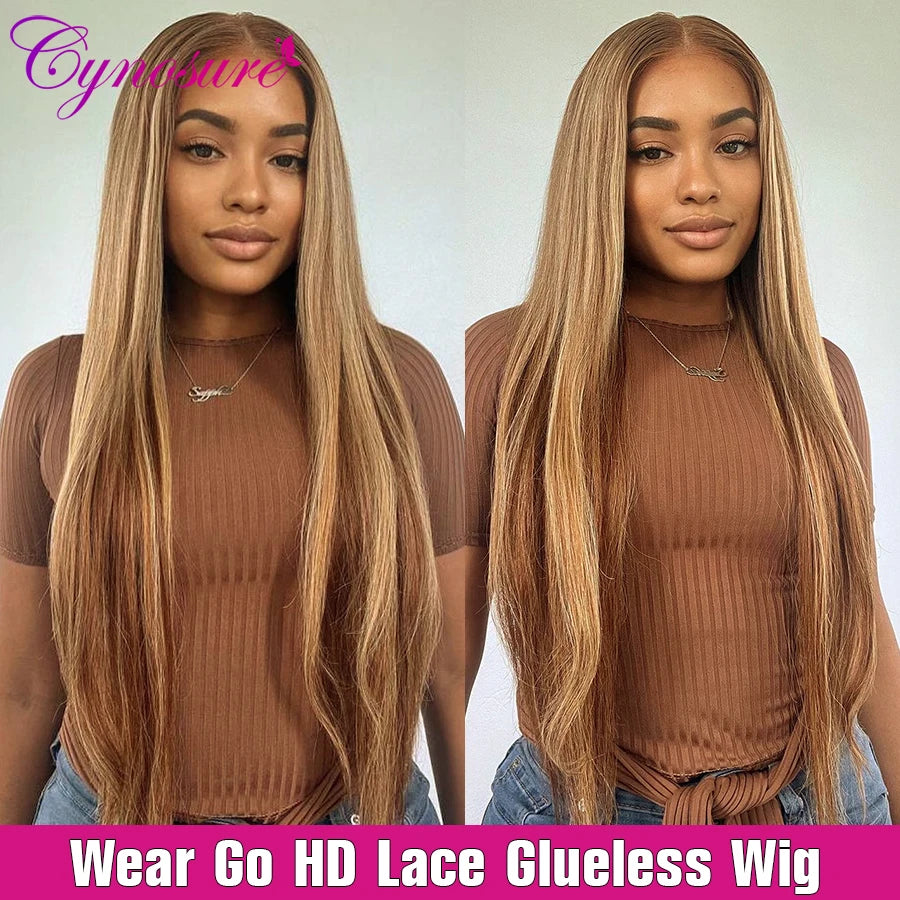 Cynosure Hair Glueless Wig Human Hair Ready to Wear Pre plucked Straight Highlight Human Hair Wig HD Lace Frontal Wig For Women