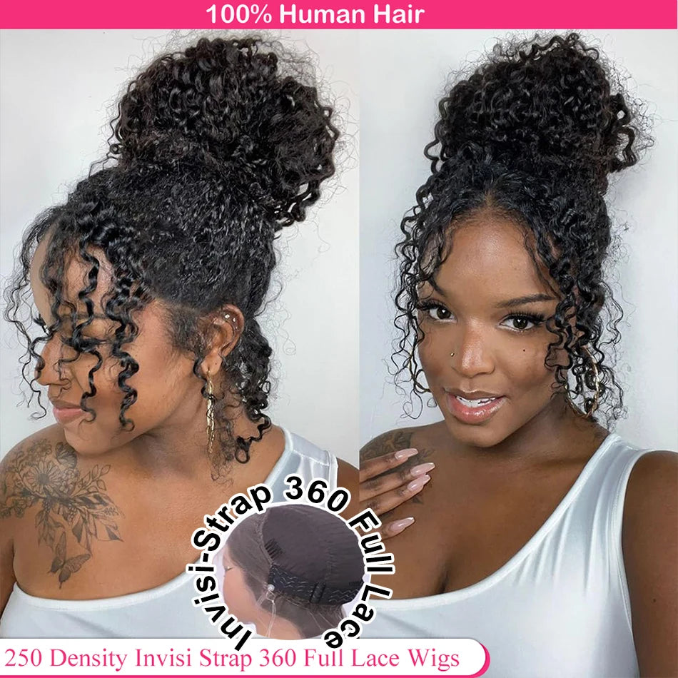 Invisible Strap HD 360 Lace Front Wig Human Hair Deep Curly Precut 360 Full Lace Wig Drawstring Snug Fit Glueless Wig Human Hair