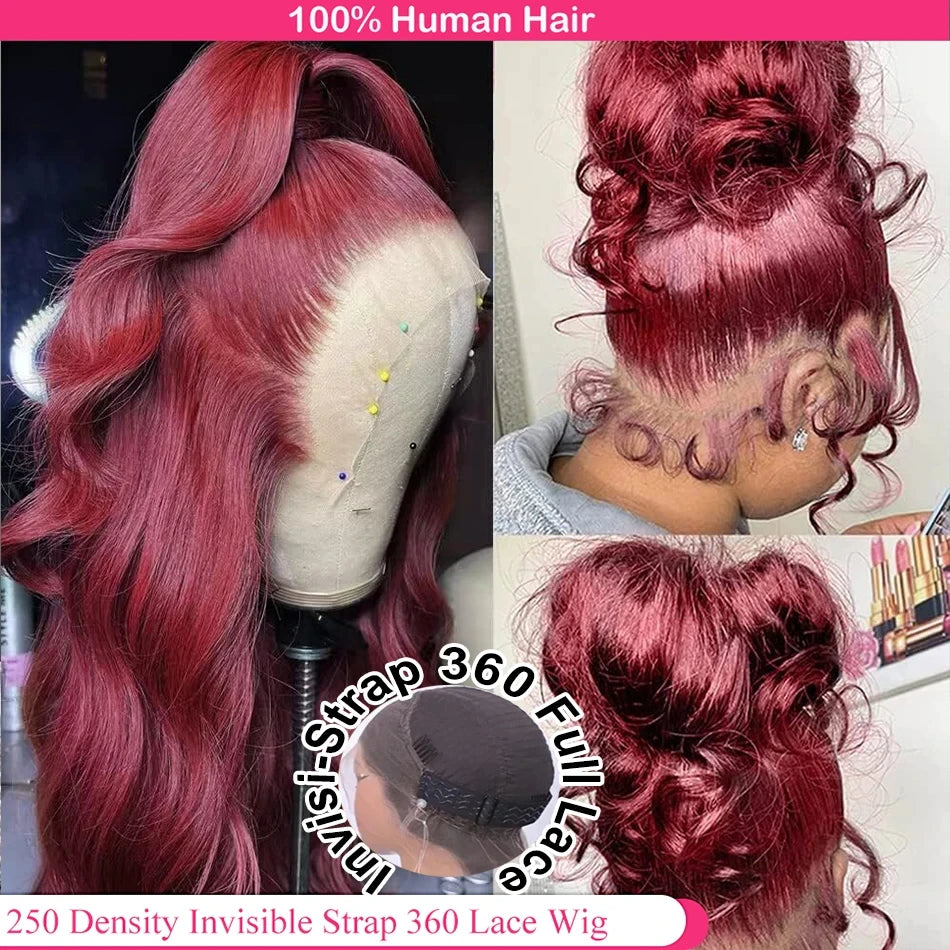 99J Invisible Strap 360 Full Lace Glueless Wigs Human Hair With Drawstring Pre Cut Body Wave Burgundy HD 360 Lace Frontal Wig