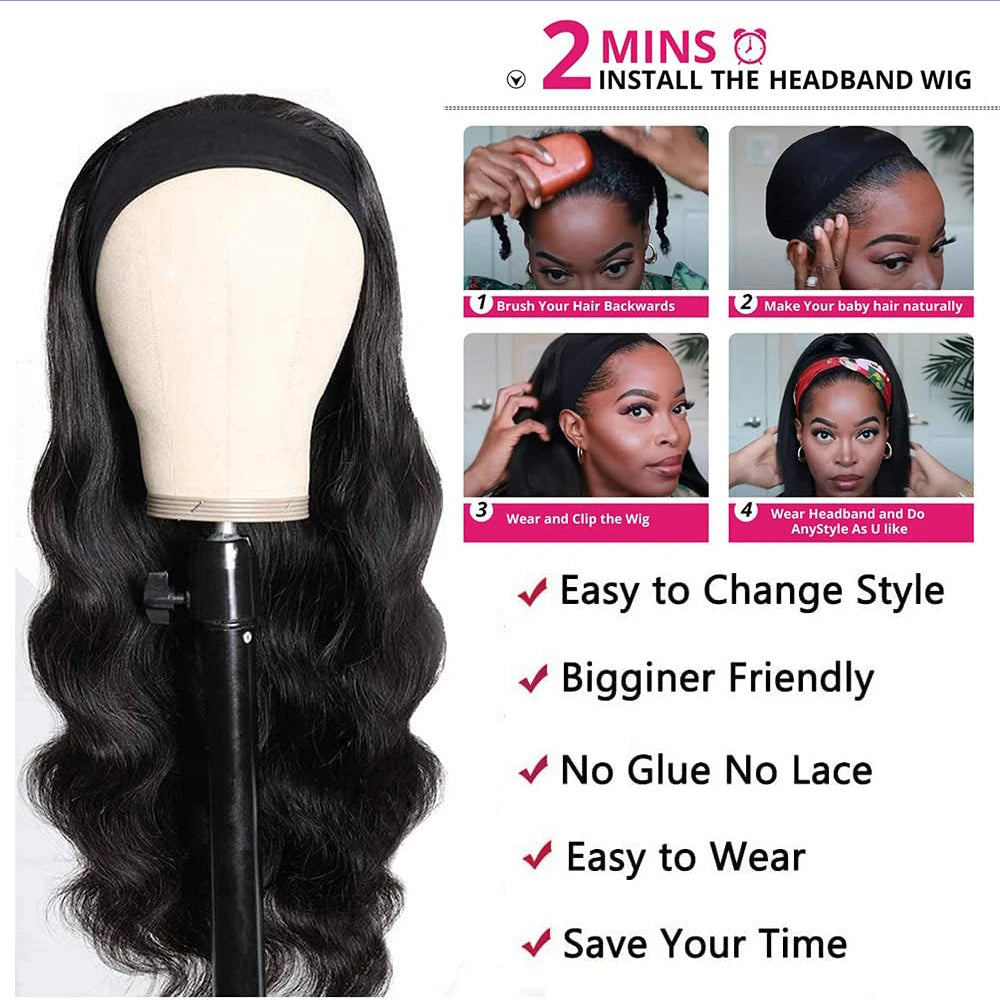 Body Wave Headband Wigs Human Hair Pull & Go 250 Density Half Wigs Human Hair Body Wave Headband Glueless Wigs Human Hair Wig