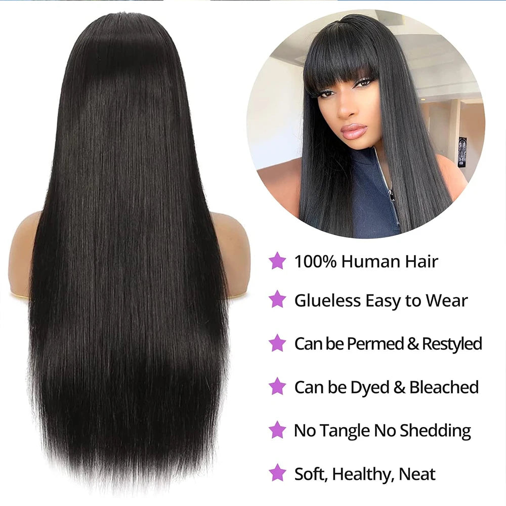 Human Hair Wigs with Bangs 36 Inches Full Machine Made Hair Wig Bone Straight 250 Density Glueless Wig Human Hair Non Lace Wig