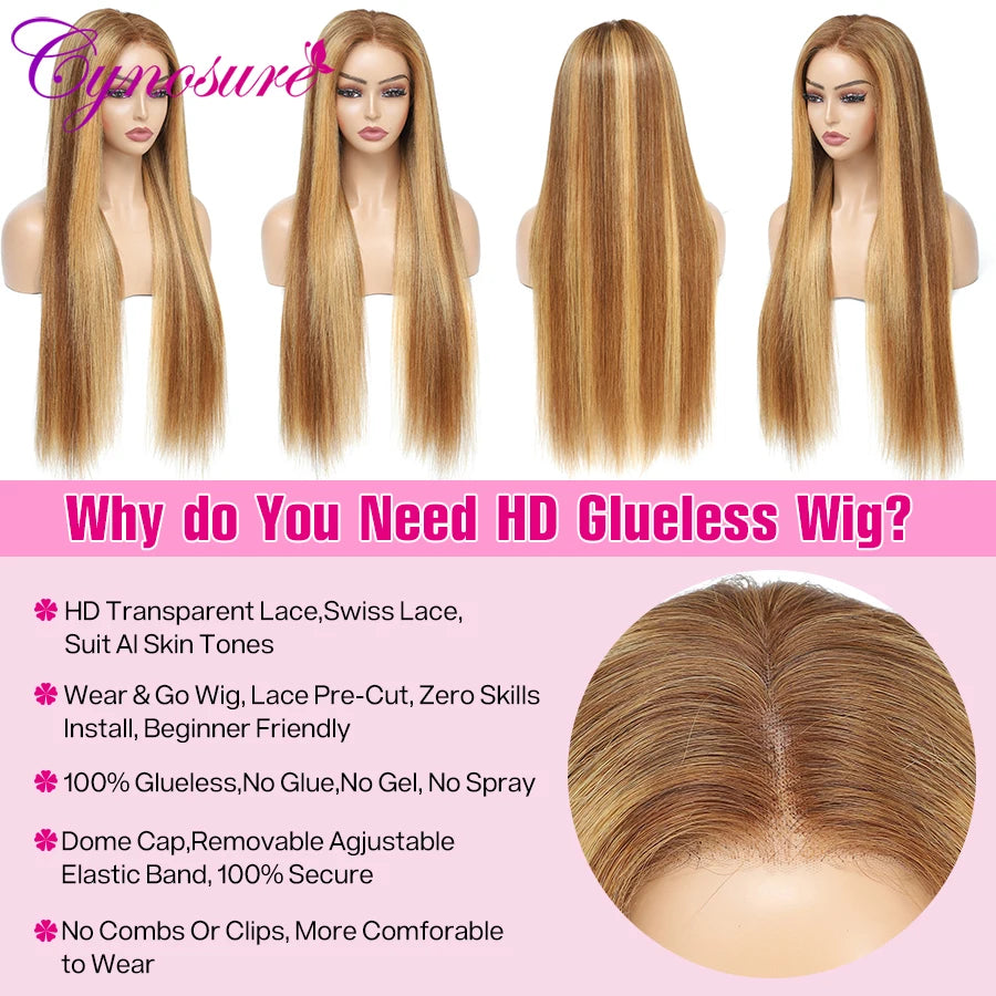 Cynosure Hair Glueless Wig Human Hair Ready to Wear Pre plucked Straight Highlight Human Hair Wig HD Lace Frontal Wig For Women