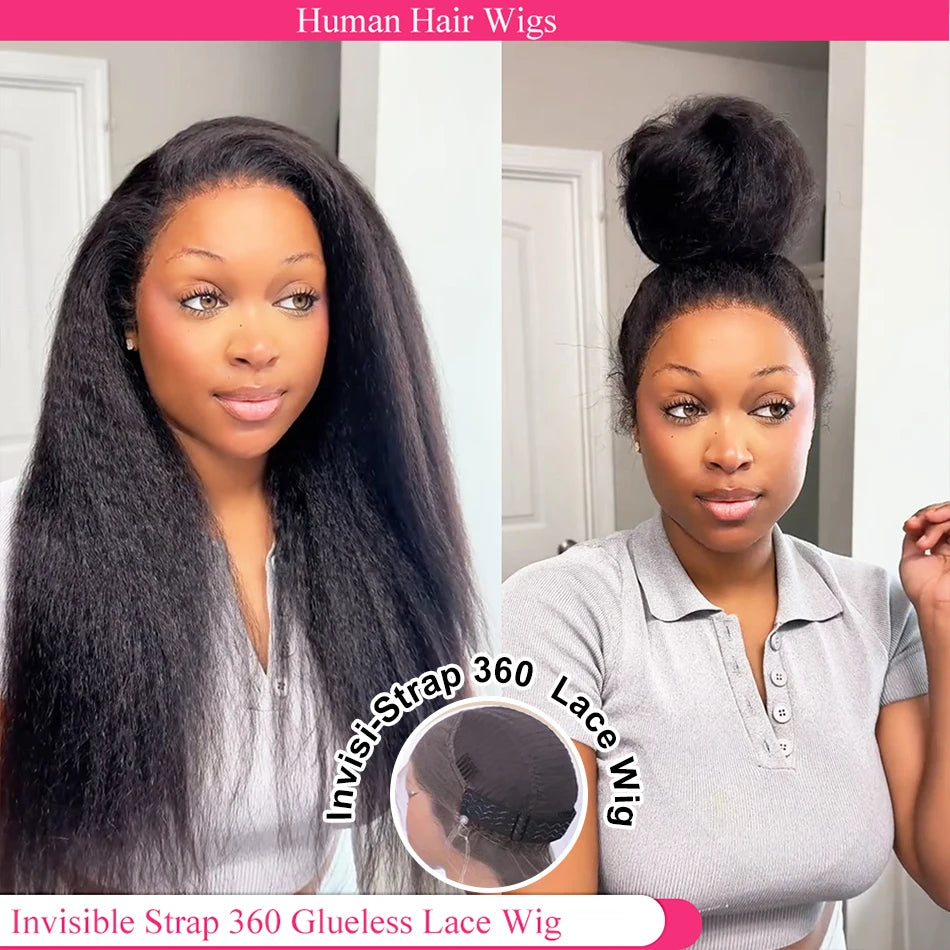 Kinky Straight Invisi Strap 360 Full Lace Glueless Wig Drawstring Human Hair Wigs Pre Cut 250 Density HD 360 Lace Frontal Wig