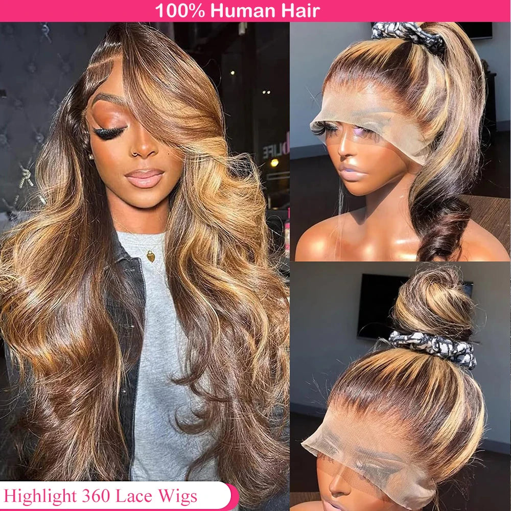 Highlight 360 Full Lace Wig Human Hair Pre plucked P4/27 38 Inches HD 360 13X4 Lace Front Wig Body Wave Highlight Wig Human Hair