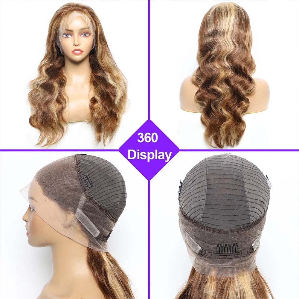 Highlight 360 Full Lace Wig Human Hair Pre plucked P4/27 38 Inches HD 360 13X4 Lace Front Wig Body Wave Highlight Wig Human Hair