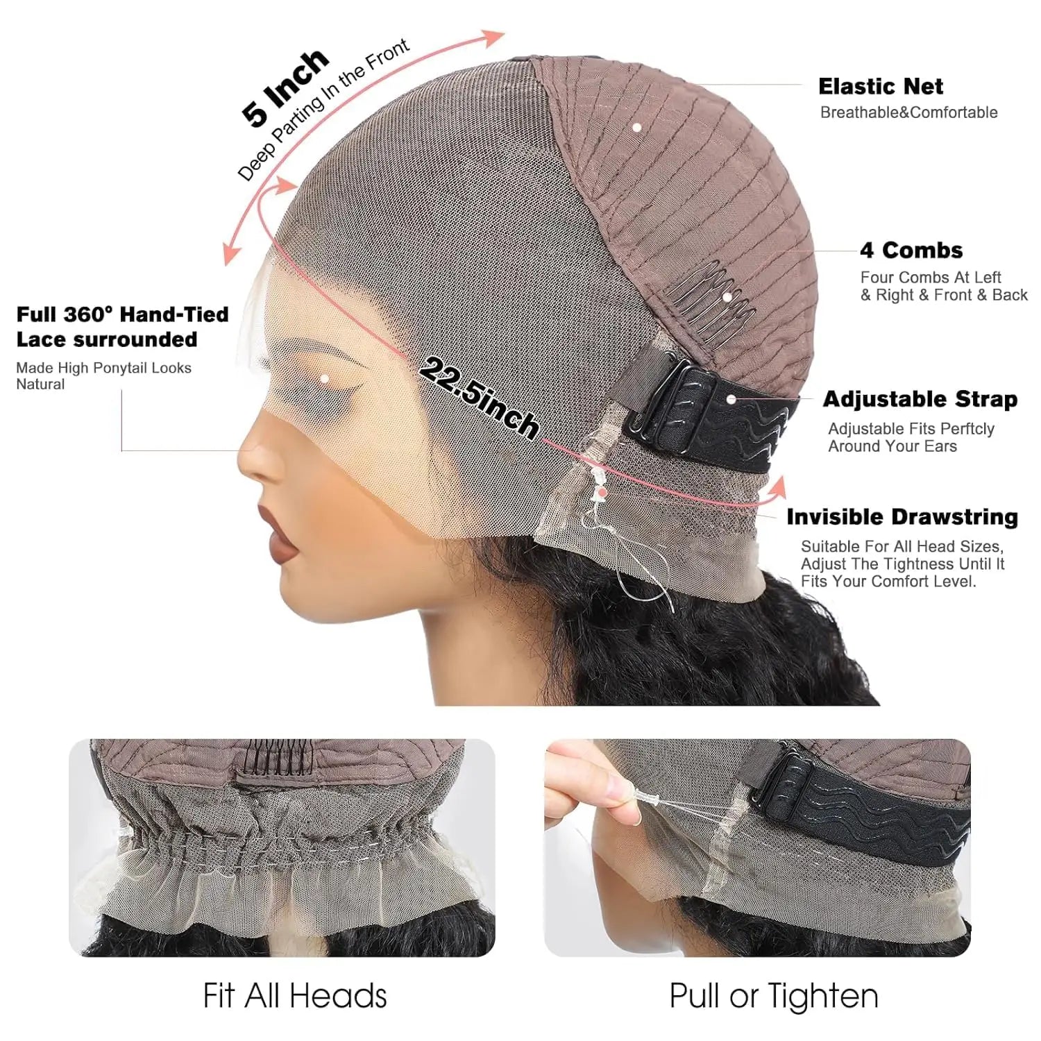 Invisible Strap HD 360 Lace Front Wig Human Hair Deep Curly Precut 360 Full Lace Wig Drawstring Snug Fit Glueless Wig Human Hair