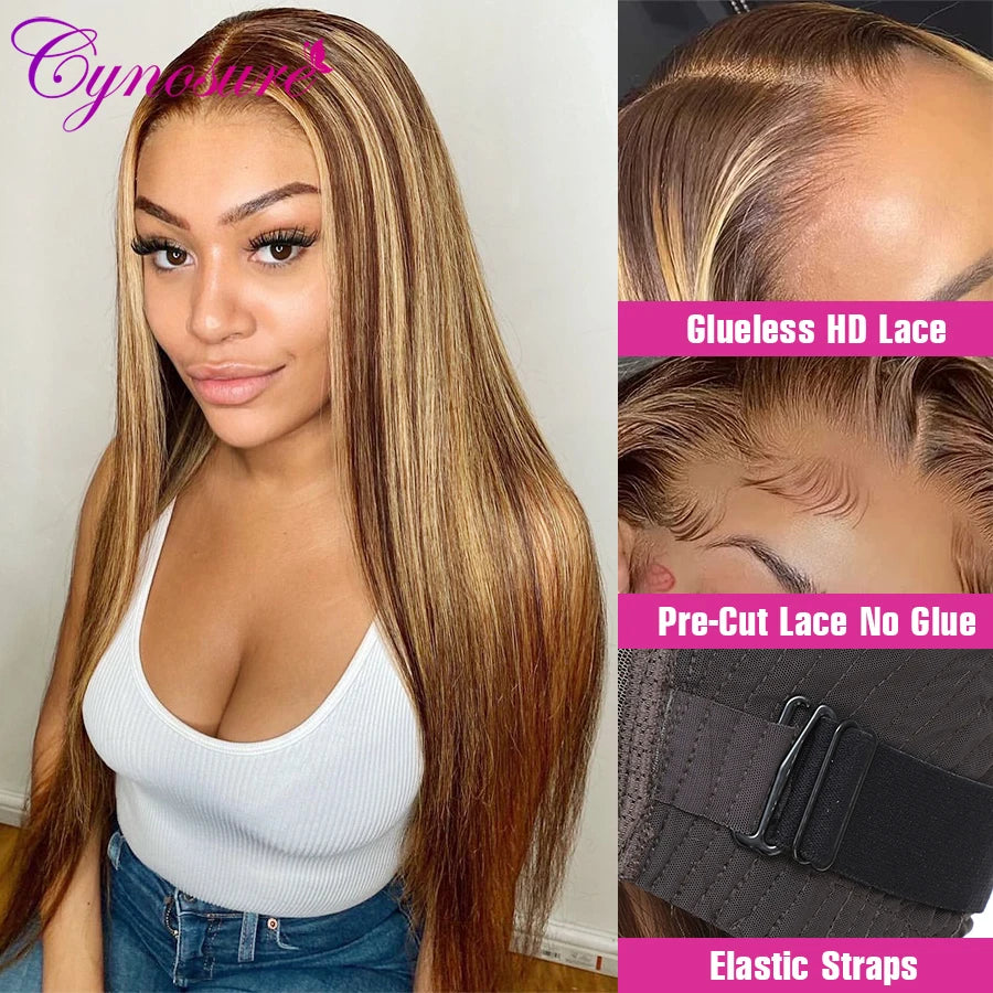 Cynosure Hair Glueless Wig Human Hair Ready to Wear Pre plucked Straight Highlight Human Hair Wig HD Lace Frontal Wig For Women