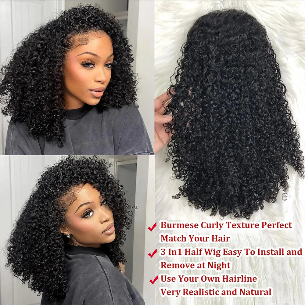 3 IN 1 Half Wigs Human Hair Deep Curly Real Glueless Wigs Human Hair Half Wig With Drawstring 250 Density Curly Half Wigs
