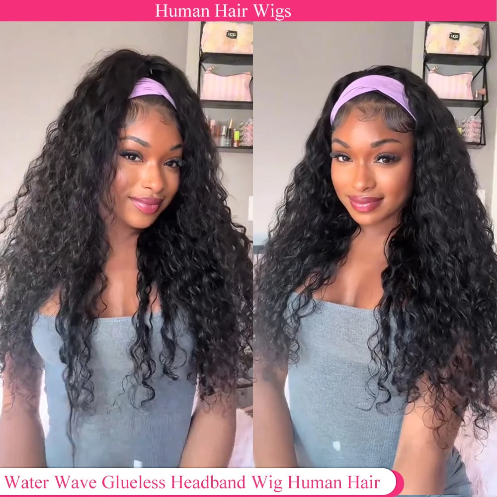 Water Wave Headband Wig Human Hair Pull go Glueless Half Wigs  Human Hair Curly Headband Wig 36 Inches Human Hair Wigs for Women