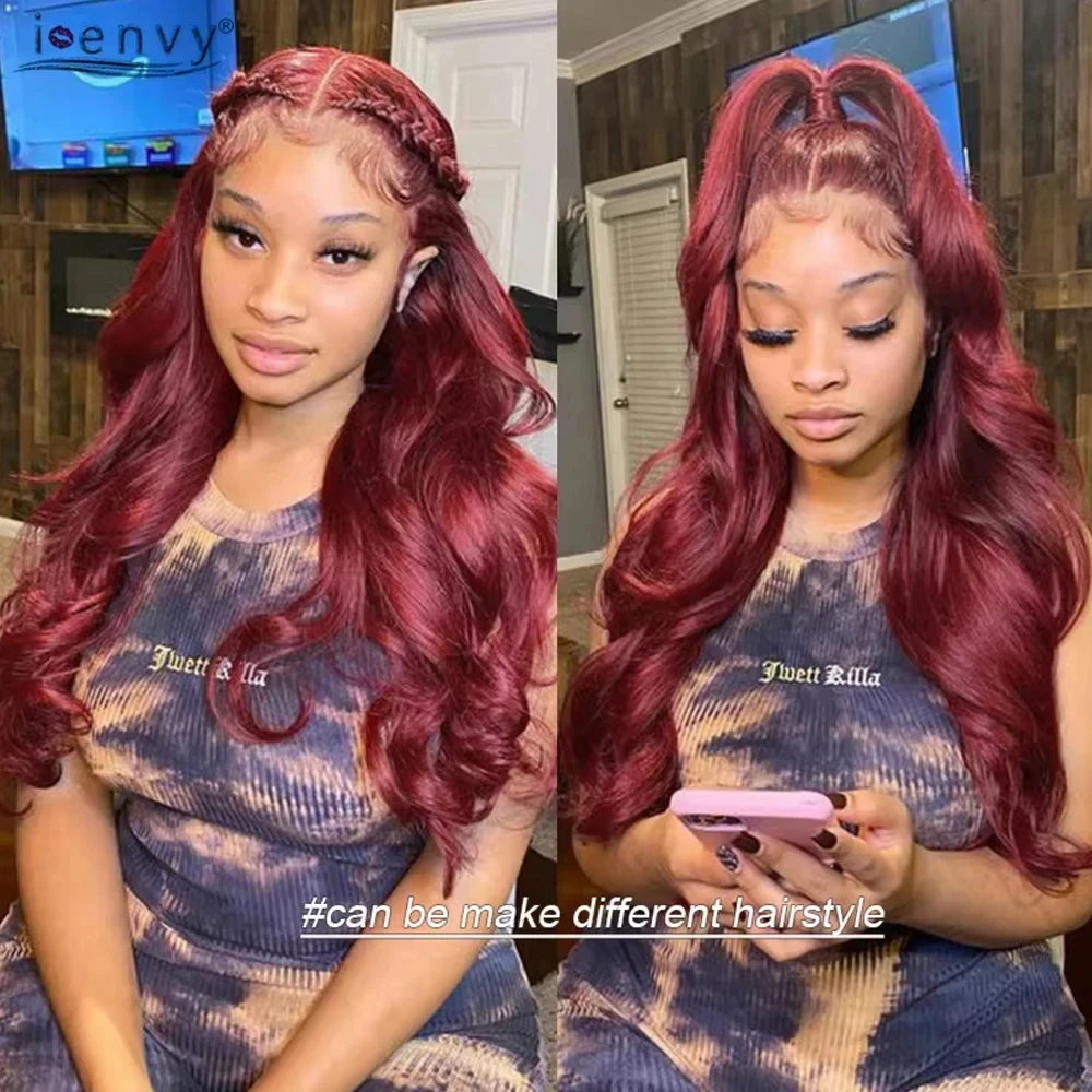 99J Invisible Strap 360 Full Lace Glueless Wigs Human Hair With Drawstring Pre Cut Body Wave Burgundy HD 360 Lace Frontal Wig