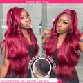 99J Invisible Strap 360 Full Lace Glueless Wigs Human Hair With Drawstring Pre Cut Body Wave Burgundy HD 360 Lace Frontal Wig