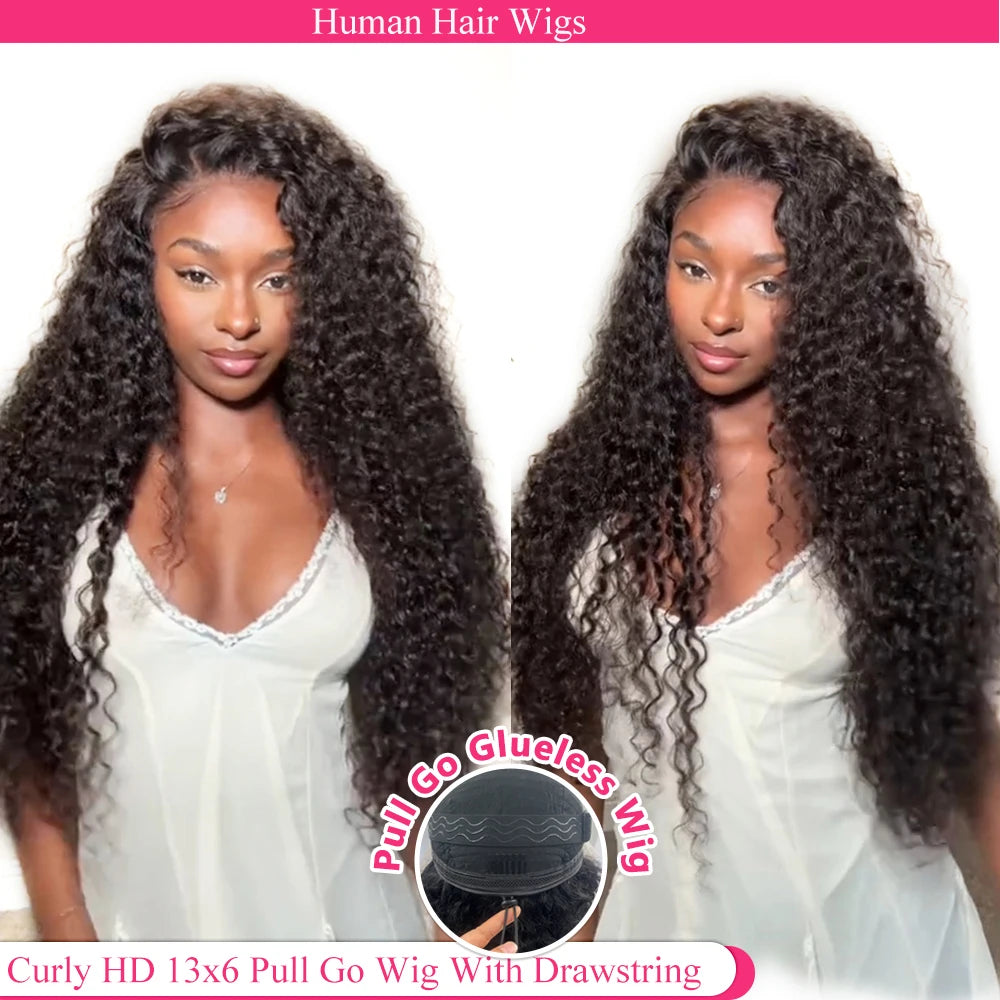 Deep Curly Pull Go 13x6 Lace Wigs with Elastic Drawstring 13x6 HD Lace Frontal Wig Pre Everyting Real Glueless Wig Human Hair