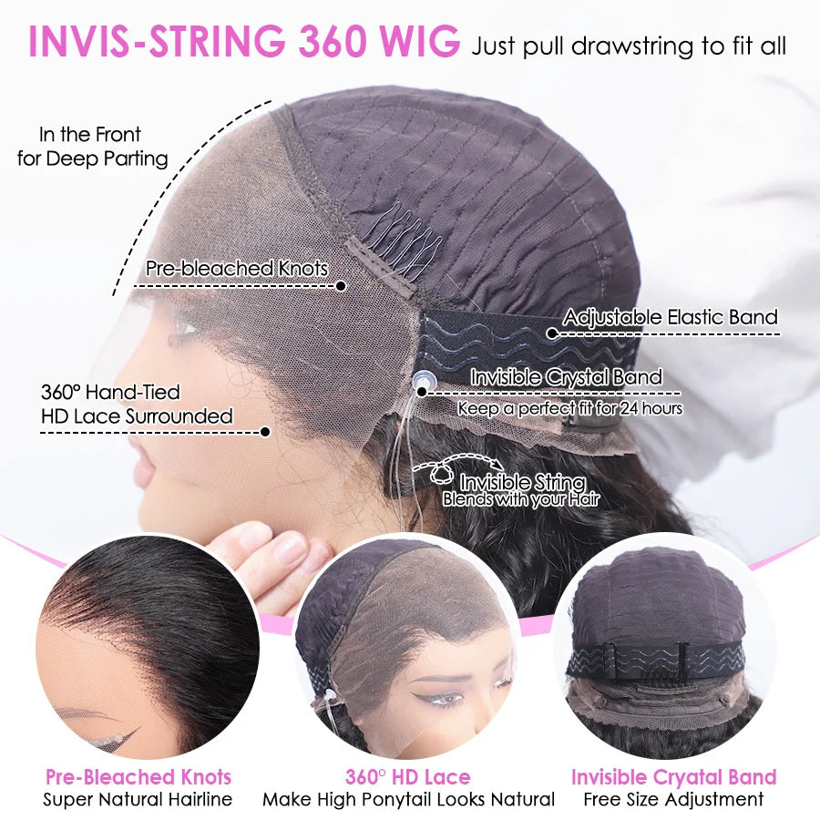 Cynosure 360 Full Lace Wig Human Hair Pre Plucked HD Lace Front Human Hair Wig Hidden Strap 360 Water Wave Wig for Women