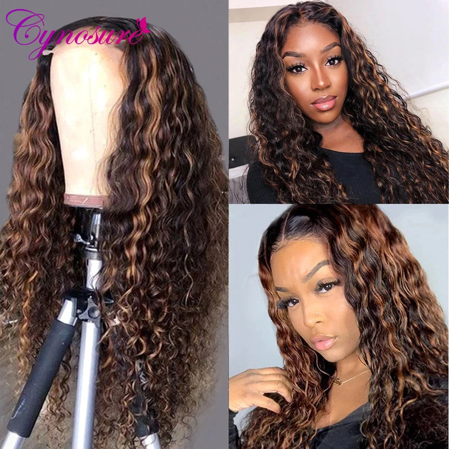 Cynosure #4/30 Highlight Lace Front Human Hair Wigs For Black Women T Middle Part Brazilian Water Wave Lace Frontal Wig Remy