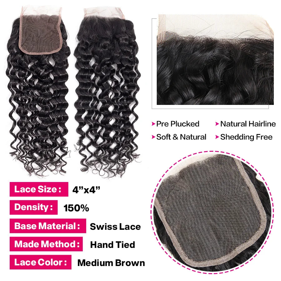 Cynosure Human Hair Water Wave Bundles with Closure Double Weft Brazilian Hair Weave 3 Bundles With Closure Remy