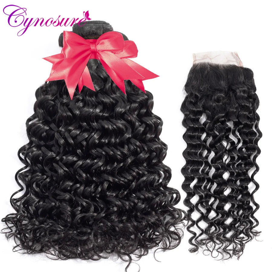 Cynosure Human Hair Water Wave Bundles with Closure Double Weft Brazilian Hair Weave 3 Bundles With Closure Remy