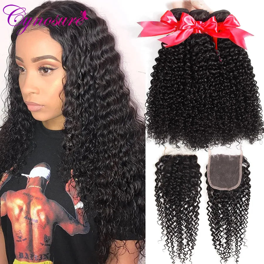 Afro Kinky Curly Weave Human Hair Bundles with Closure Cynosure Brazilian Hair Weave 3 Bundles with Closure Remy Hair