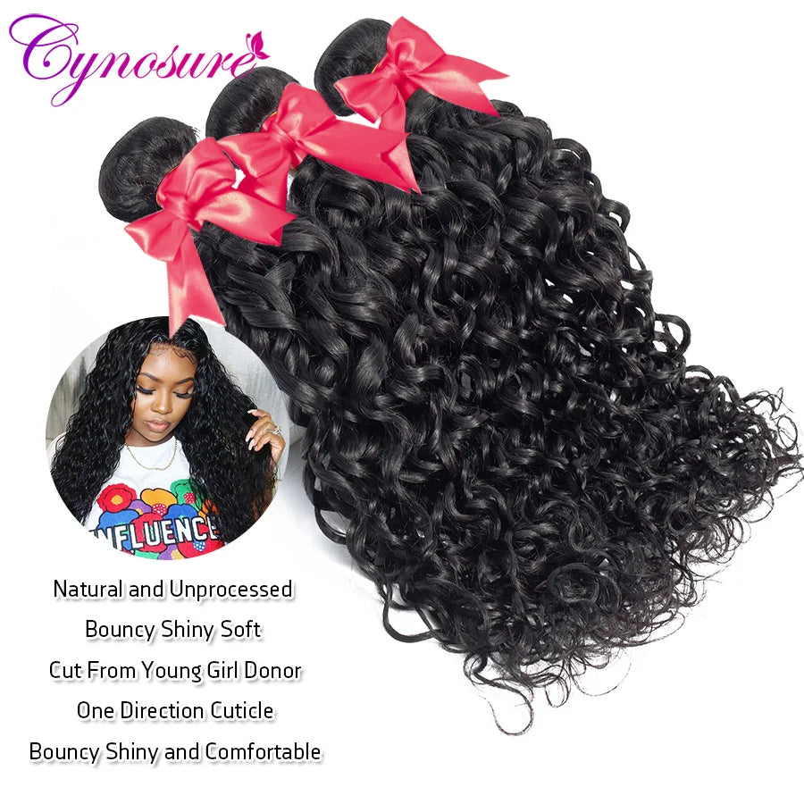 Cynosure Human Hair Water Wave Bundles with Closure Double Weft Brazilian Hair Weave 3 Bundles With Closure Remy