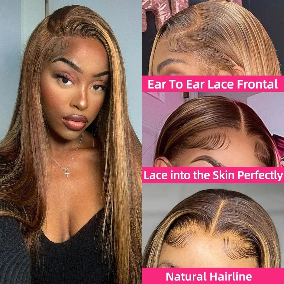 Highlight Invisi-Strap 360 Full Lace Wig Human Hair Pre Plucked Bone Straight 250 Density Highlight Wig HD 360 Lace Frontal Wig