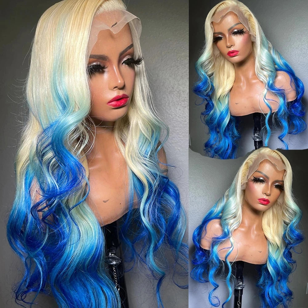 Blue Highlight Ombre Blonde Wig Body Wave Lace Frontal Wigs 13X4 HD Lace Wig Synthetic High Quality Pre Plucked Daily Cosplay