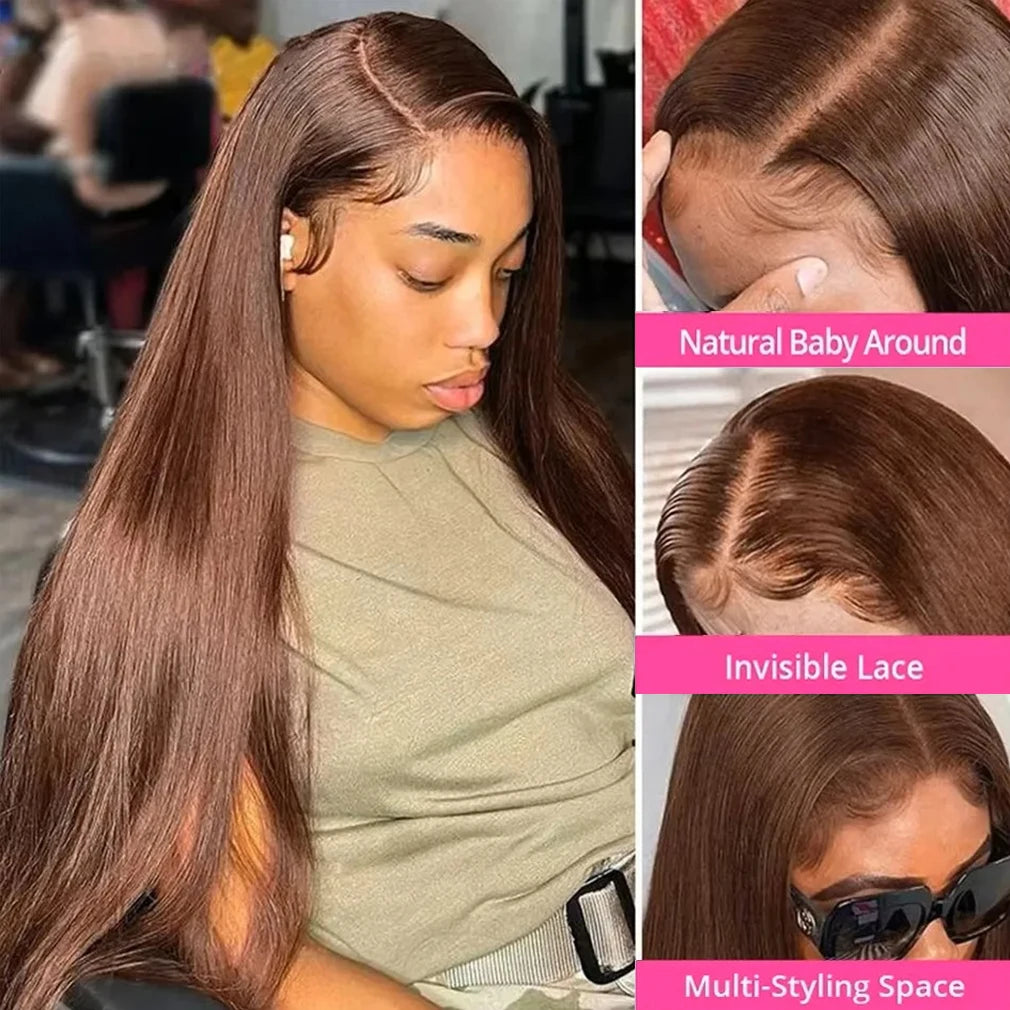 13x6 Chocolate Bone Straight Wig #4 Brown 13x4 Brazilian 200Density Silky HD Lace Frontal Human Hair Wig 38Inch Pre Plucked