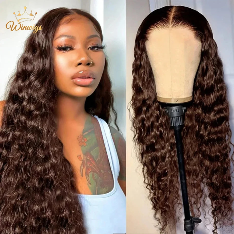 Glueless Chocolate Brown Kinky Curly Lace Front Human Hair Wig Colored 13x6 HD Lace Deep Wave Frontal Wigs For Women Pre Plucked