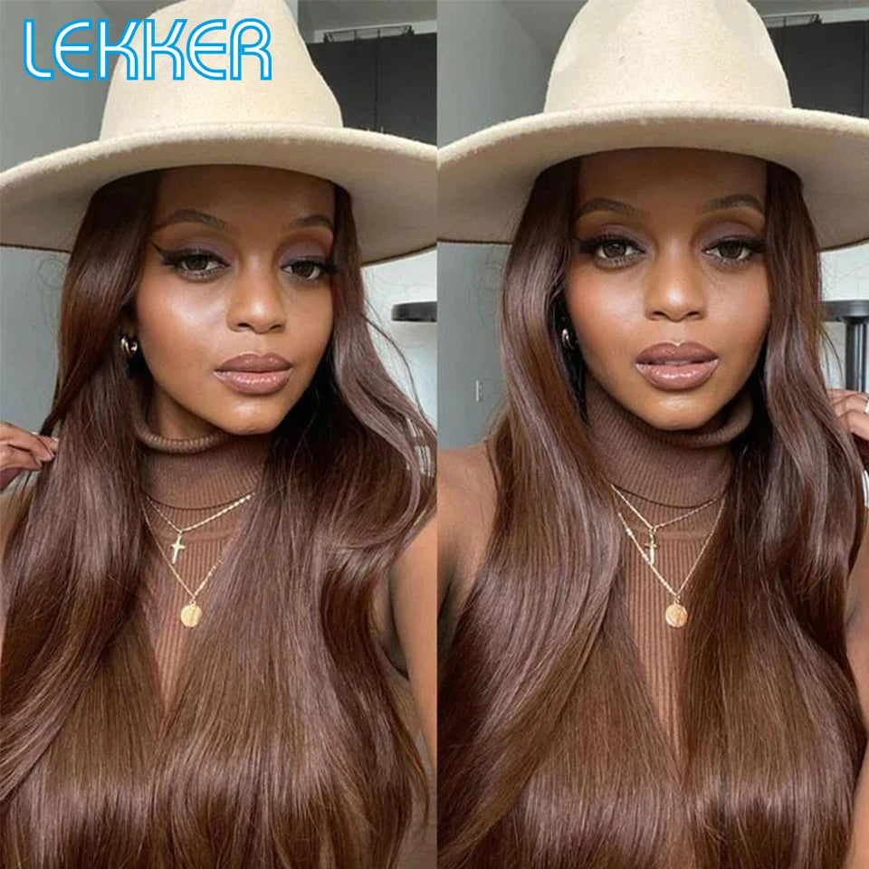 Lekker Clearance Brown Long Straight Lace Frontal Human Hair Wigs For Women Brazilian Remy Hair Pre Plucked Free Part 30" Wigs