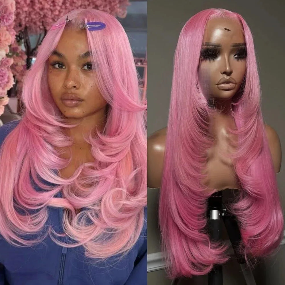 Burgundy Red Bone Straight Layered Cut Lace Front Wig 13x4 HD Lace Frontal Wig Synthetic Glueless Preplucked Ready To Wear