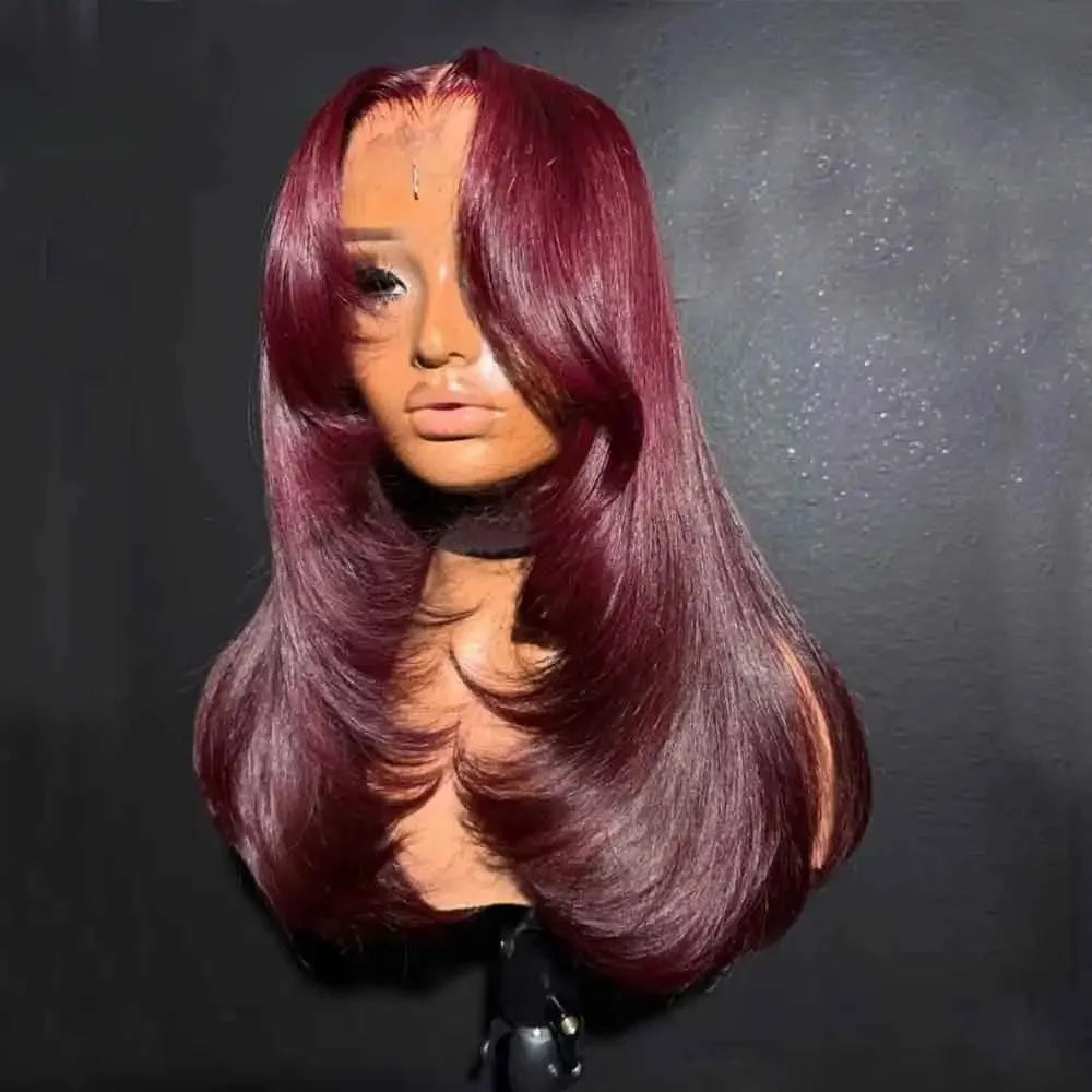 Burgundy Red Bone Straight Layered Cut Lace Front Wig 13x4 HD Lace Frontal Wig Synthetic Glueless Preplucked Ready To Wear