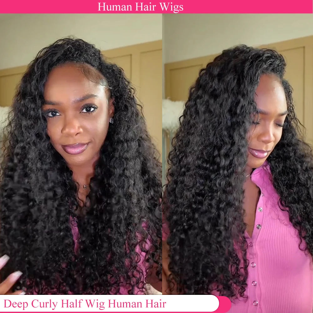 3 IN 1 Half Wigs Human Hair Deep Curly Real Glueless Wigs Human Hair Half Wig With Drawstring 250 Density Curly Half Wigs