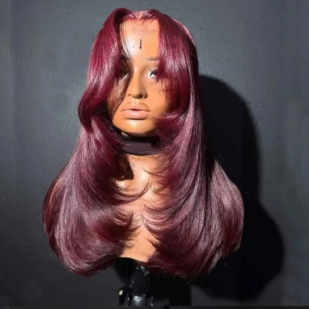 Burgundy Red Bone Straight Layered Cut Lace Front Wig 13x4 HD Lace Frontal Wig Synthetic Glueless Preplucked Ready To Wear