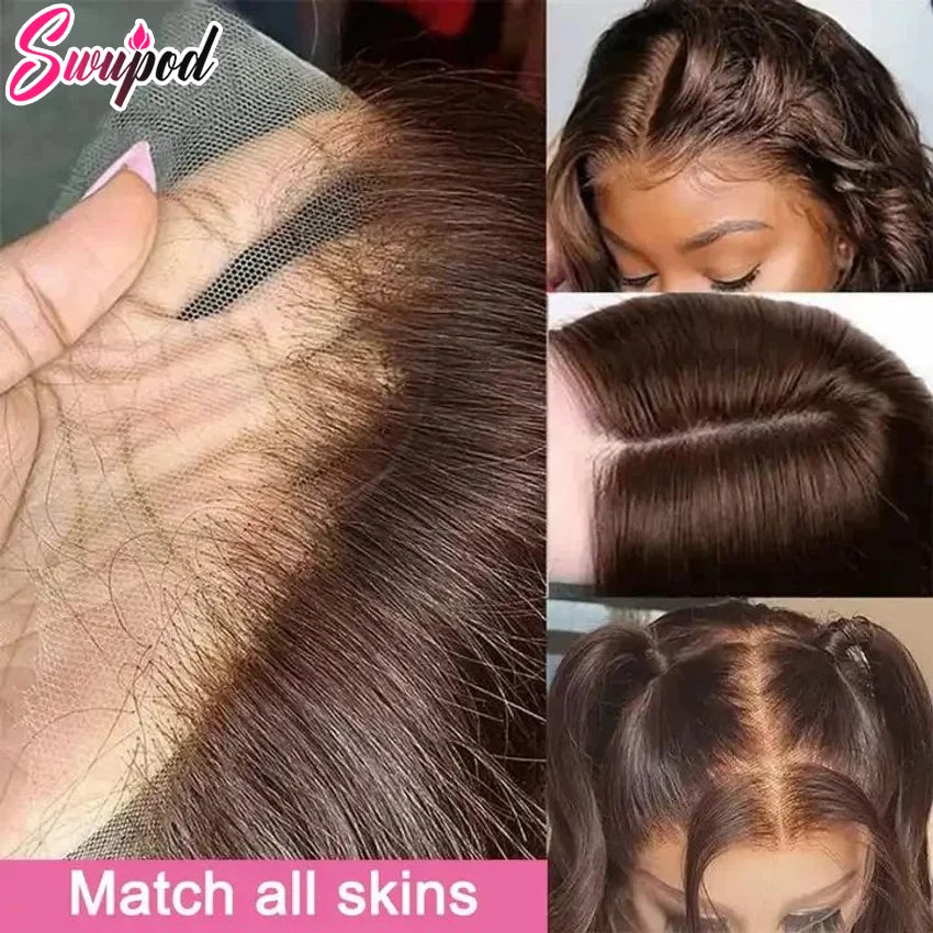 250% 360 Full Lace 13x6 HD Lace Frontal Wig 13x4 Front Silky Straight Remy Human Hair Dark Chocolate Brown Pre Plucked Glueless