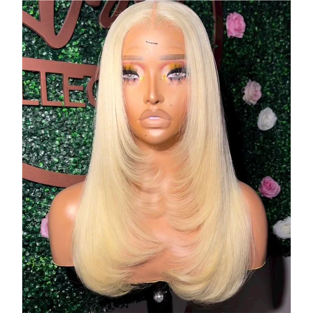 Burgundy Red Bone Straight Layered Cut Lace Front Wig 13x4 HD Lace Frontal Wig Synthetic Glueless Preplucked Ready To Wear