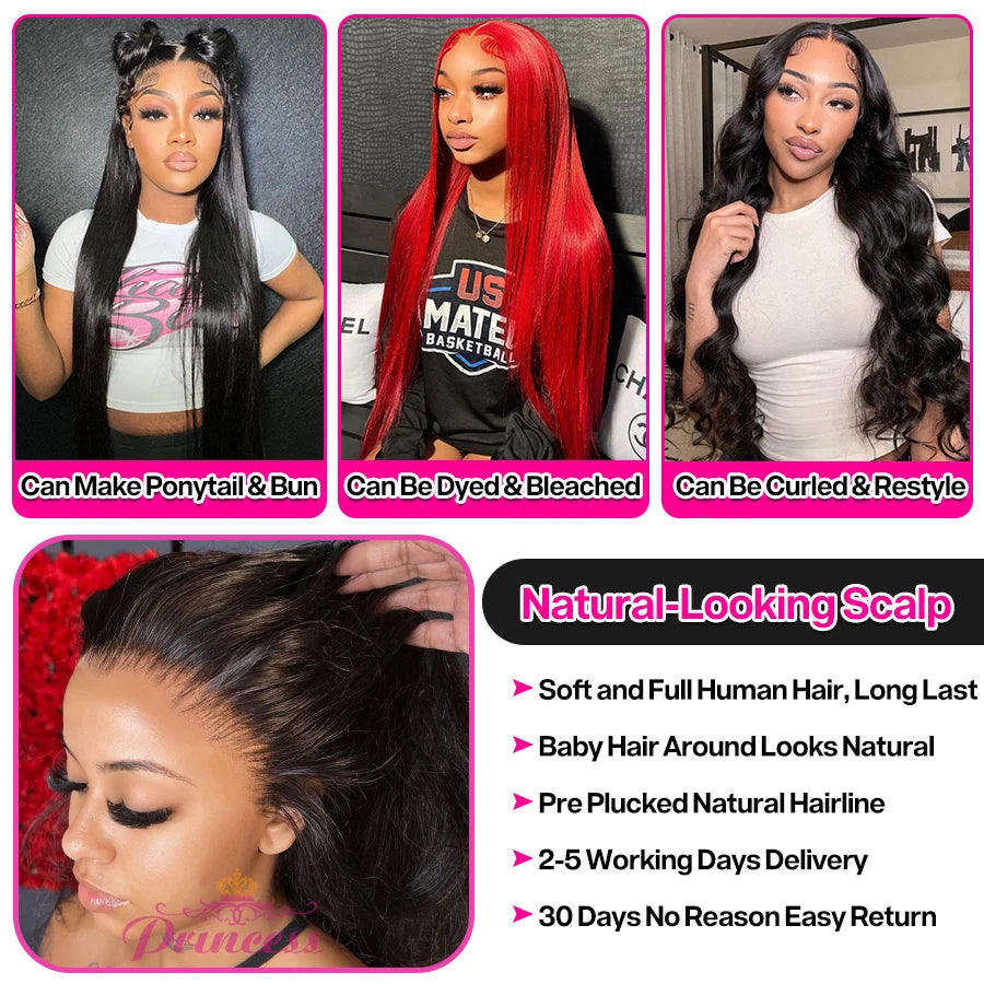 Princess 13x4/13x6 HD Transparent Lace Front Human Hair Wigs PrePlucked 4x4 Closure Wig Brazilian Straight Lace Frontal Wig