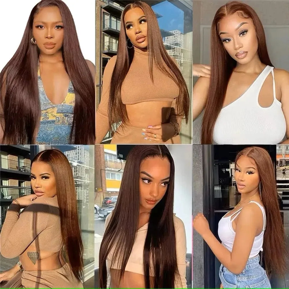 13x6 Chocolate Bone Straight Wig #4 Brown 13x4 Brazilian 200Density Silky HD Lace Frontal Human Hair Wig 38Inch Pre Plucked