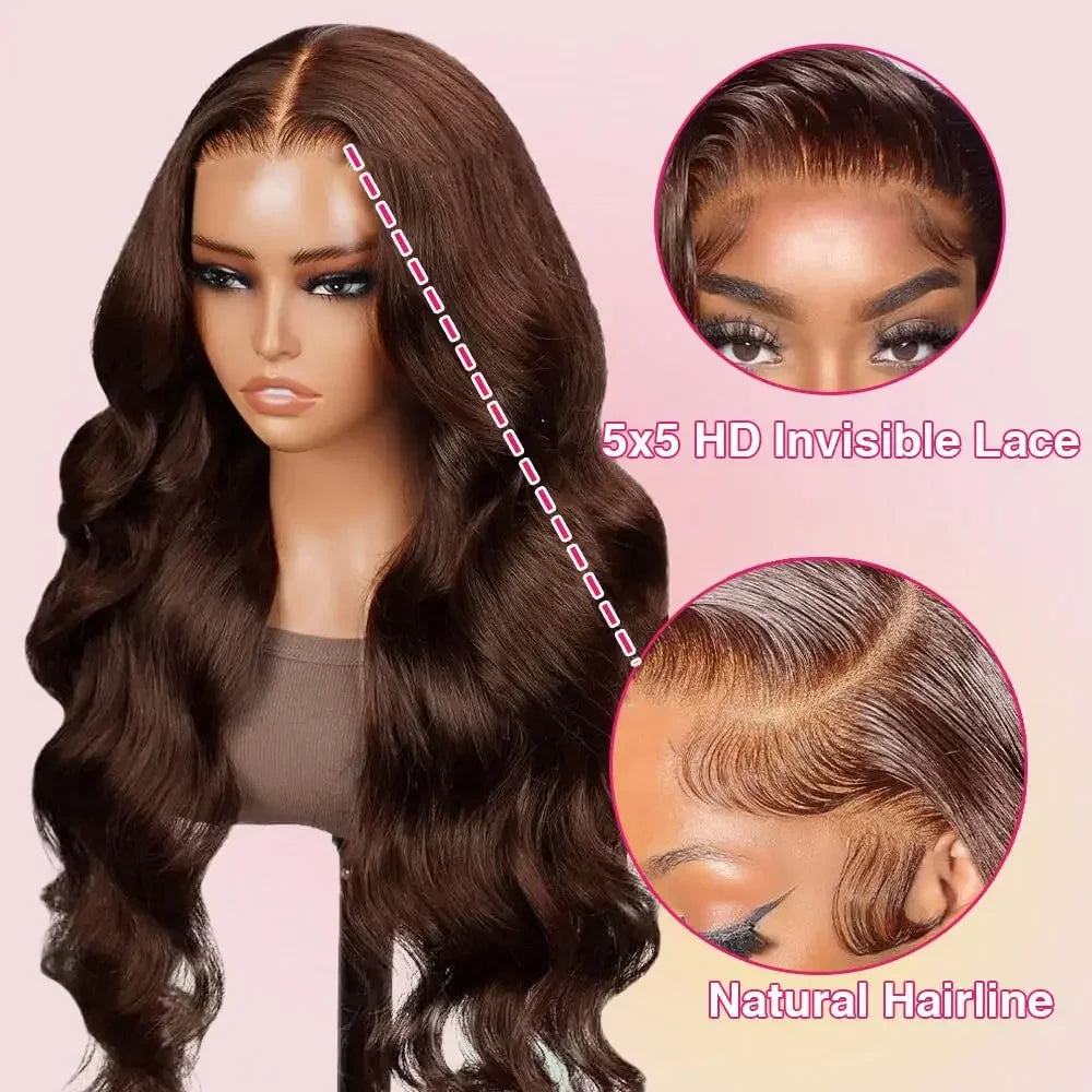 Color#4 Chocolate Brown Body Wave Lace Frontal Wig Remy Pre-Plucked HD Lace Wig 13X5 Lace Human Hair Wigs On Clearance Sales