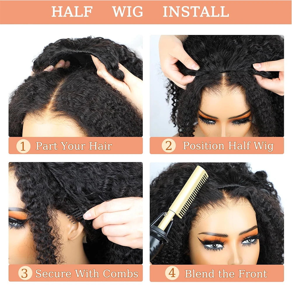 Afro Kinky Curly Half Wig With Drawstring  Flip Over Install Glueless Wig Ready to Wear Half Wig Drawstring Afo Curly Hair Wig